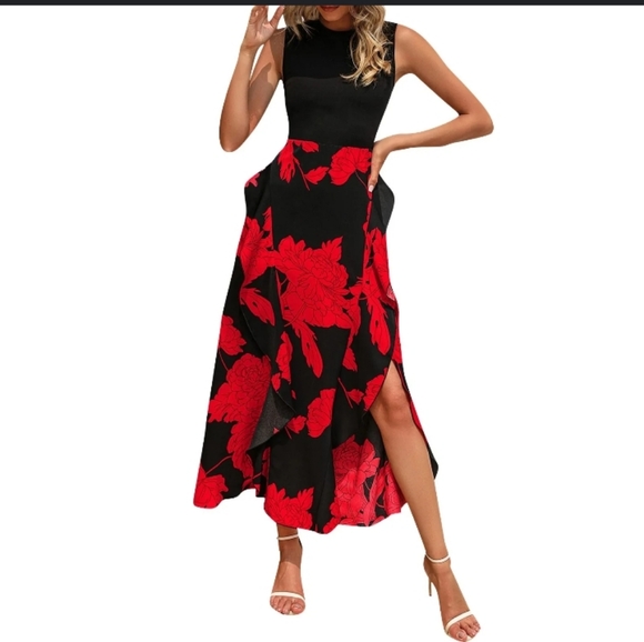 Red dress black medium maxi with 2 side slits statement sleeveless womens - Picture 2 of 16